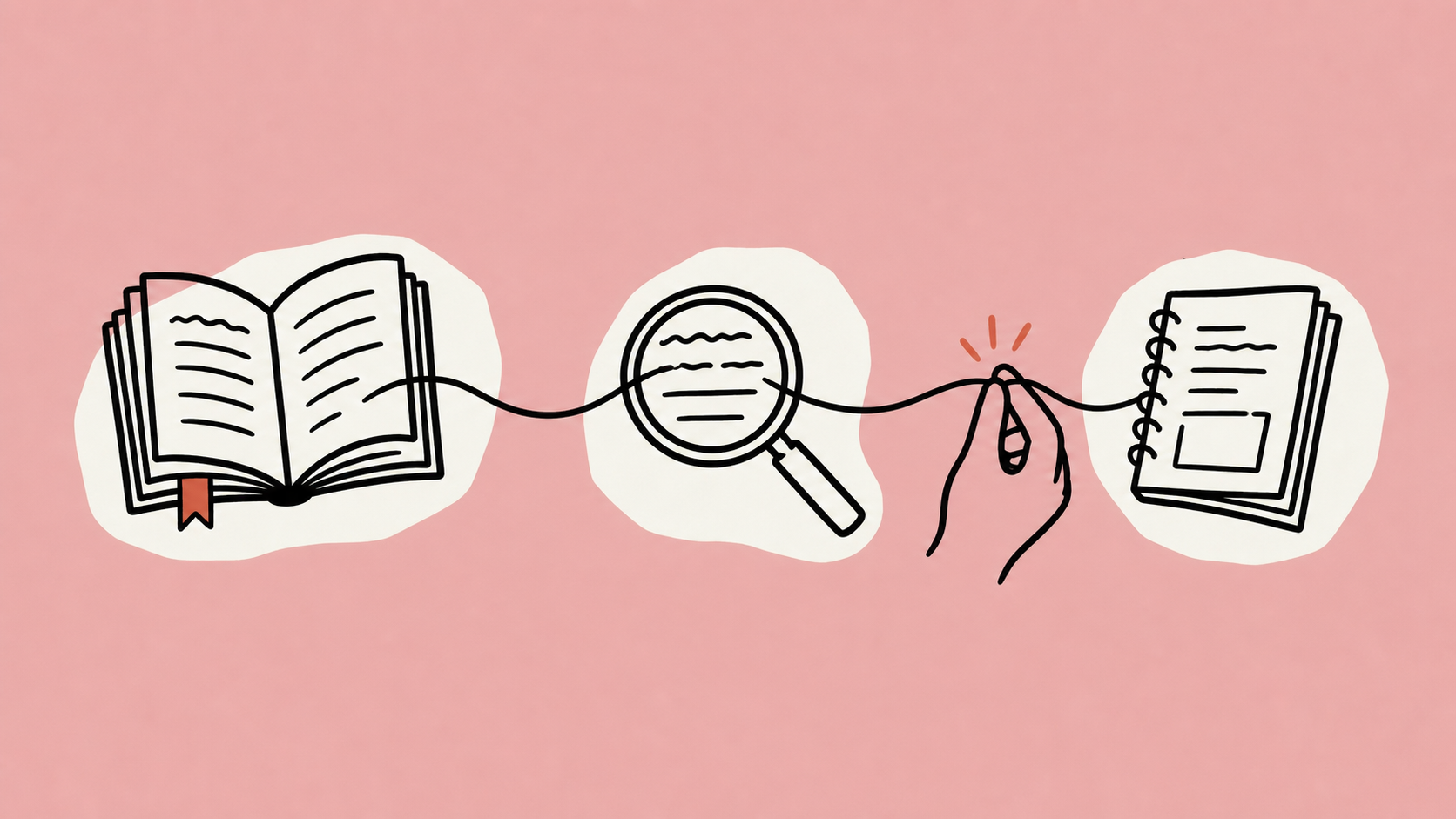 A hand-drawn thread connecting an original source book, a magnifying glass, and a research notebook
